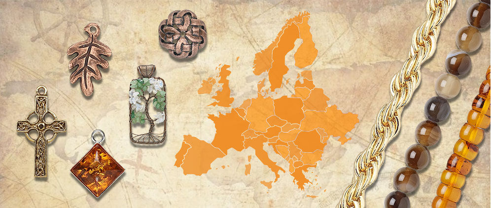 Neutral background shows a pale orange map of Europe. On top of the background on the left are five charms: a cross, a gold crystal diamond shape, a leaf, a Celtic knot and a Tree of Life. On top of the background on the right are three chains: silver chain, brown round gemstones, and gold-hued rocaille gemstones.